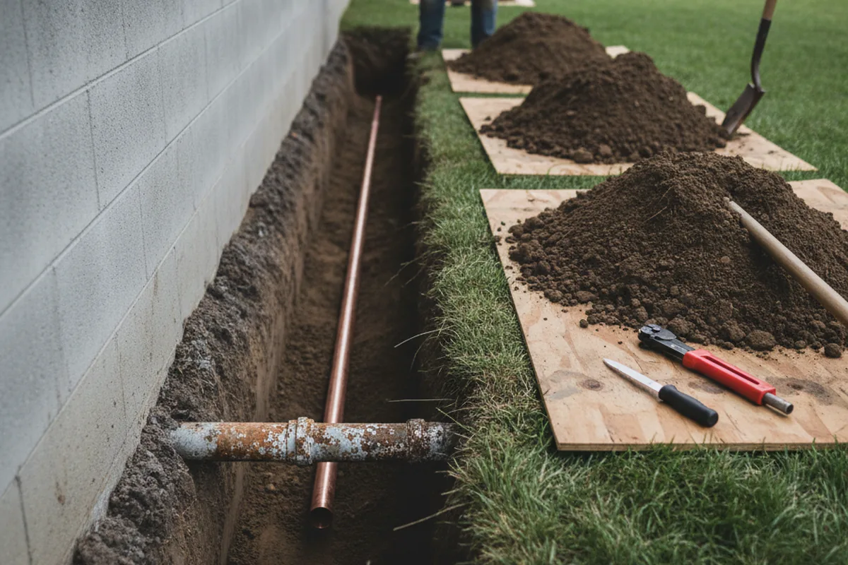 Excavated water line trench during Sewer Line Repair in Boonsboro